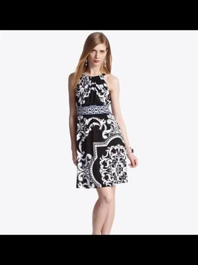 White House Black Market Black and White Halter-Style Printed Dress